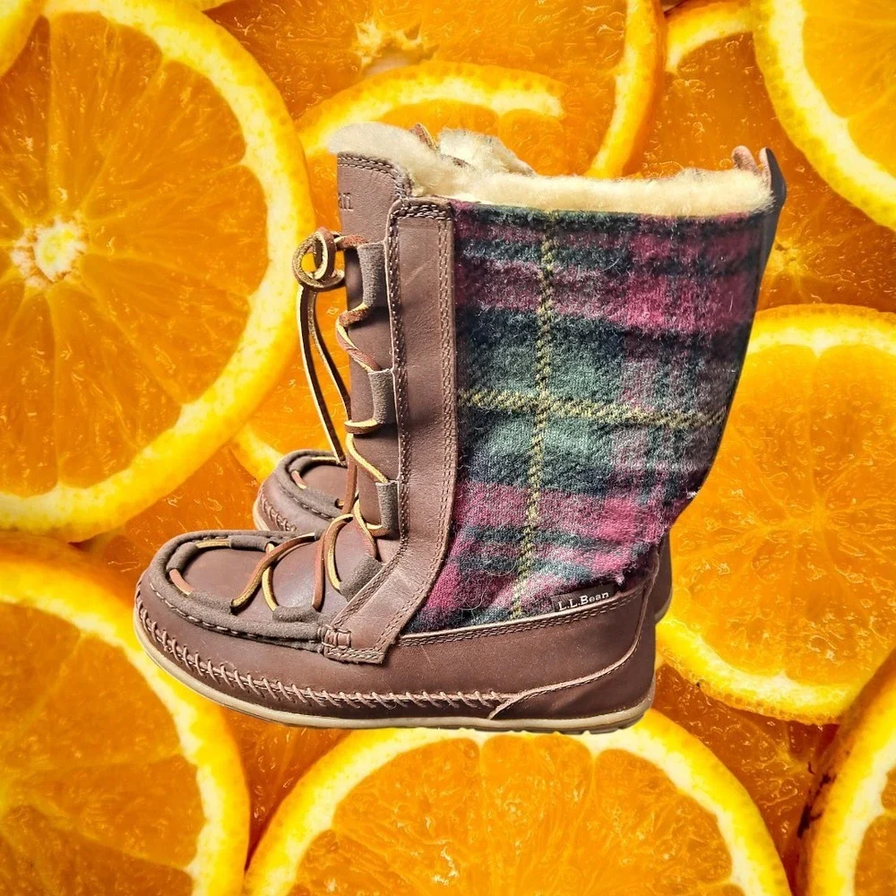 L.L.Bean Shearling Lined Moc Toe Plaid Wool Boots Lace Up‎ Women's 7M